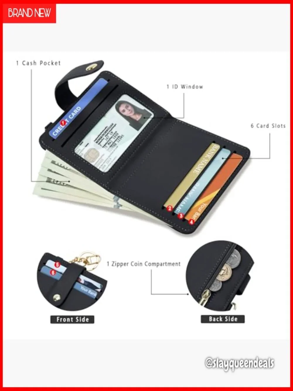 Slim RFID Blocking Leather Wallet with ID Window and Zipper Coin Pocket